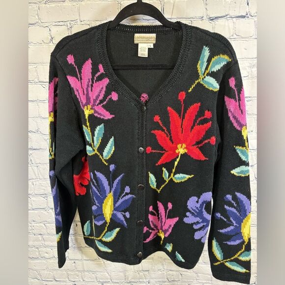 Coldwater Creek Black Floral Tropical Vacation Beach Resort Cardigan Sweater L - Picture 1 of 9